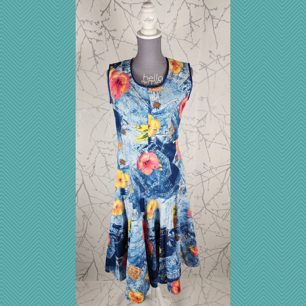 Unbranded Tropical Floral Denim Print Flowy Dropwaist Midi Dress